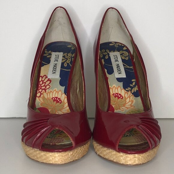 STEVE MADDEN Heels Women's Size US9 Red Tan Richh Leather Peep Toe Shoes - Picture 2 of 11